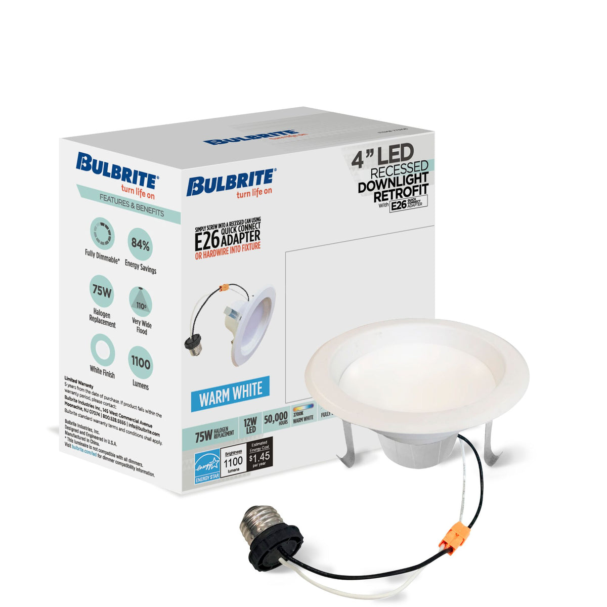 4-inch White Round - Smooth Trim 12W Dimmable LED Retrofit Recessed Downlight, 2700K, 1100 Lumens, 4-Pack