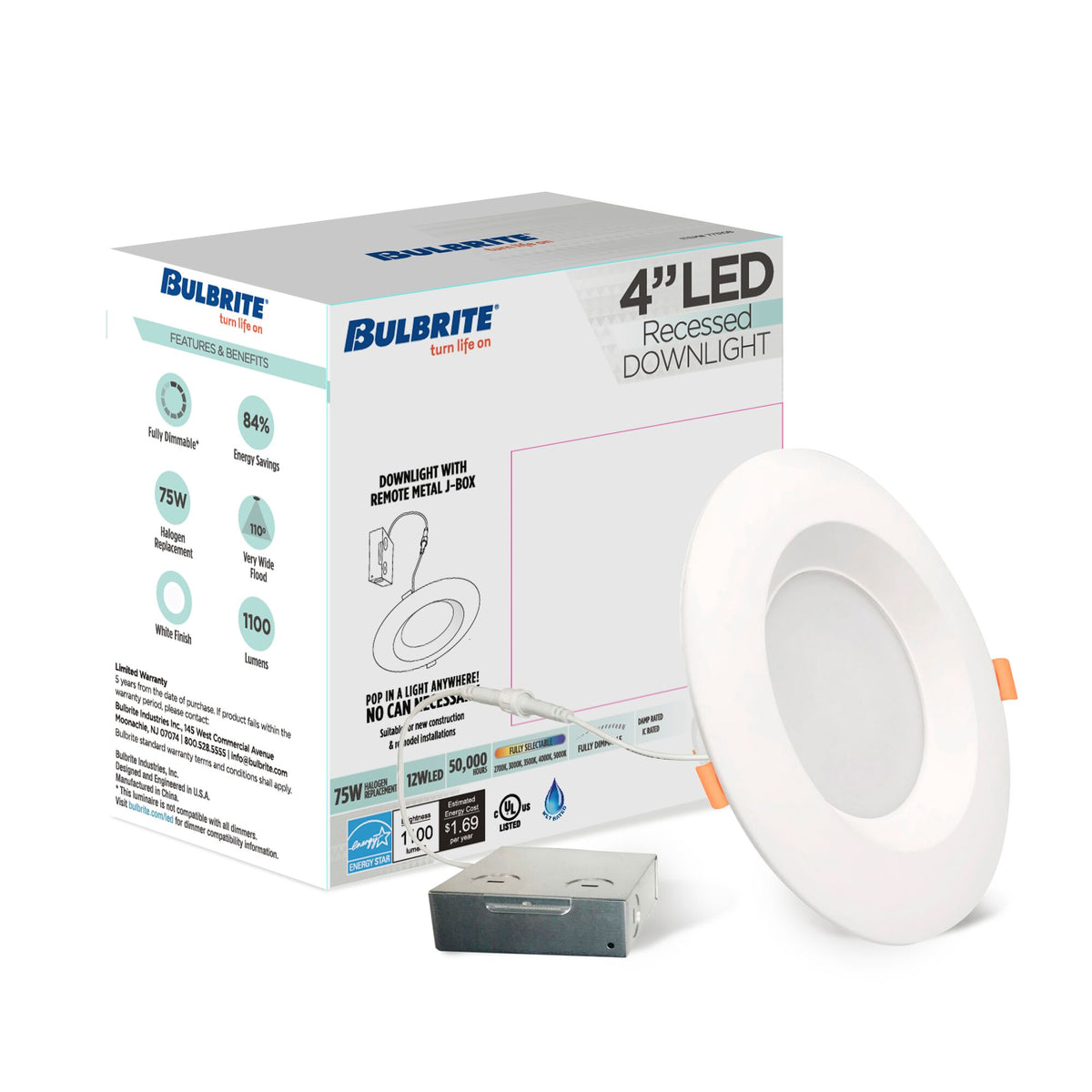 4-inch White Round - Smooth Trim 12W Dimmable LED J-Box Recessed Downlight, 5 CCT - 27/30/35/40/50K, 1100 Lumens, 4-Pack