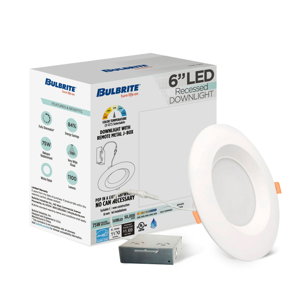 6-inch White Round - Smooth Trim - Regressed 14W Dimmable LED J-Box Recessed Downlight, 5 CCT - 27/30/35/40/50K, 1100 Lumens
