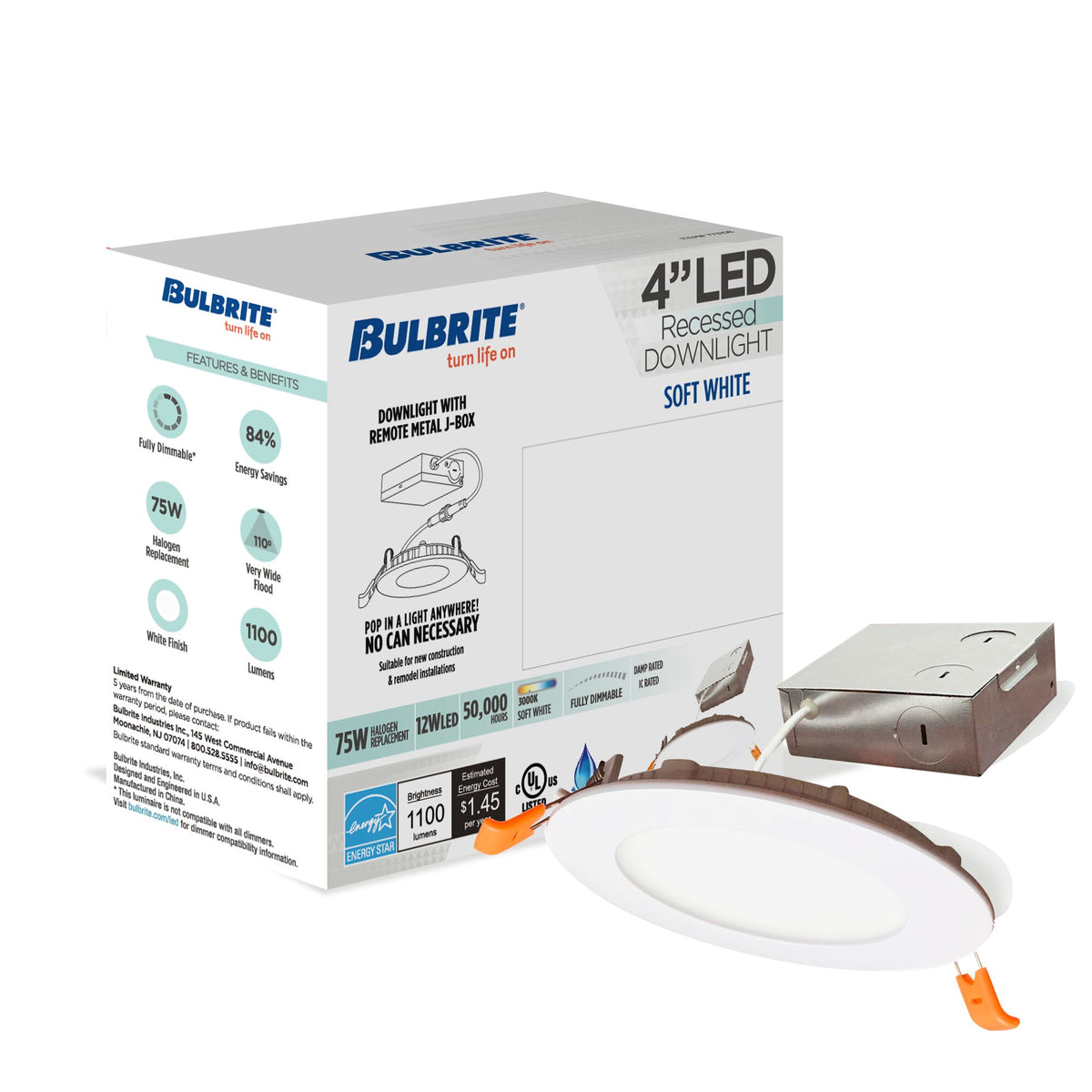 4-inch White Round - Smooth Trim 12W Dimmable LED J-Box Recessed Downlight, 3000K, 1100 Lumens, 4-Pack