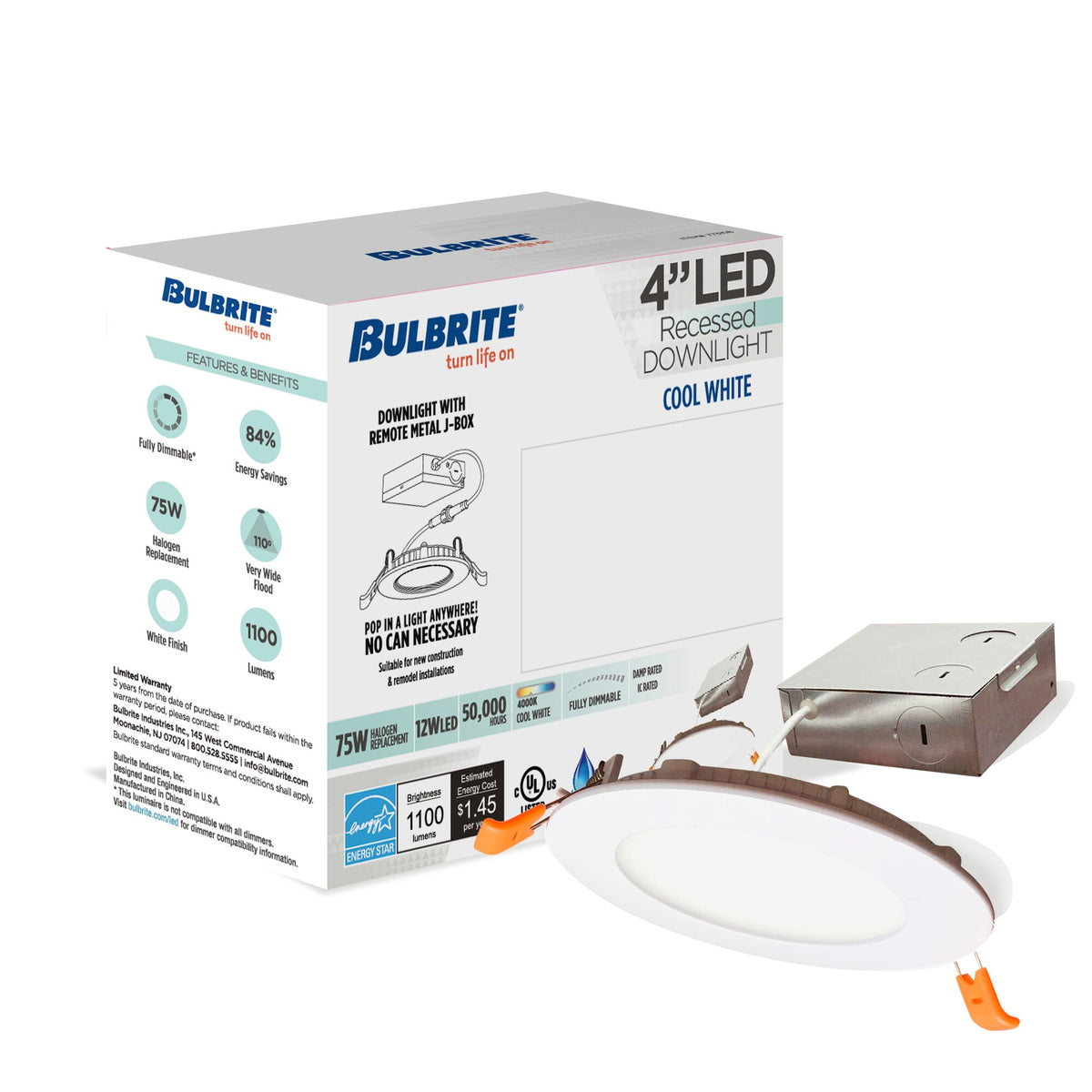 4-inch White Round - Smooth Trim 12W Dimmable LED J-Box Recessed Downlight, 4000K, 1100 Lumens, 4-Pack