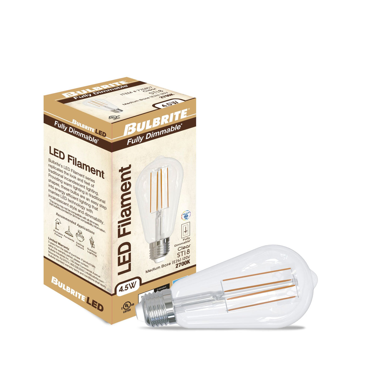 ST18 4.5W Dimmable Clear Filament LED Light Bulb with E26 Base, 2700K, 450 Lumens, 4-Pack