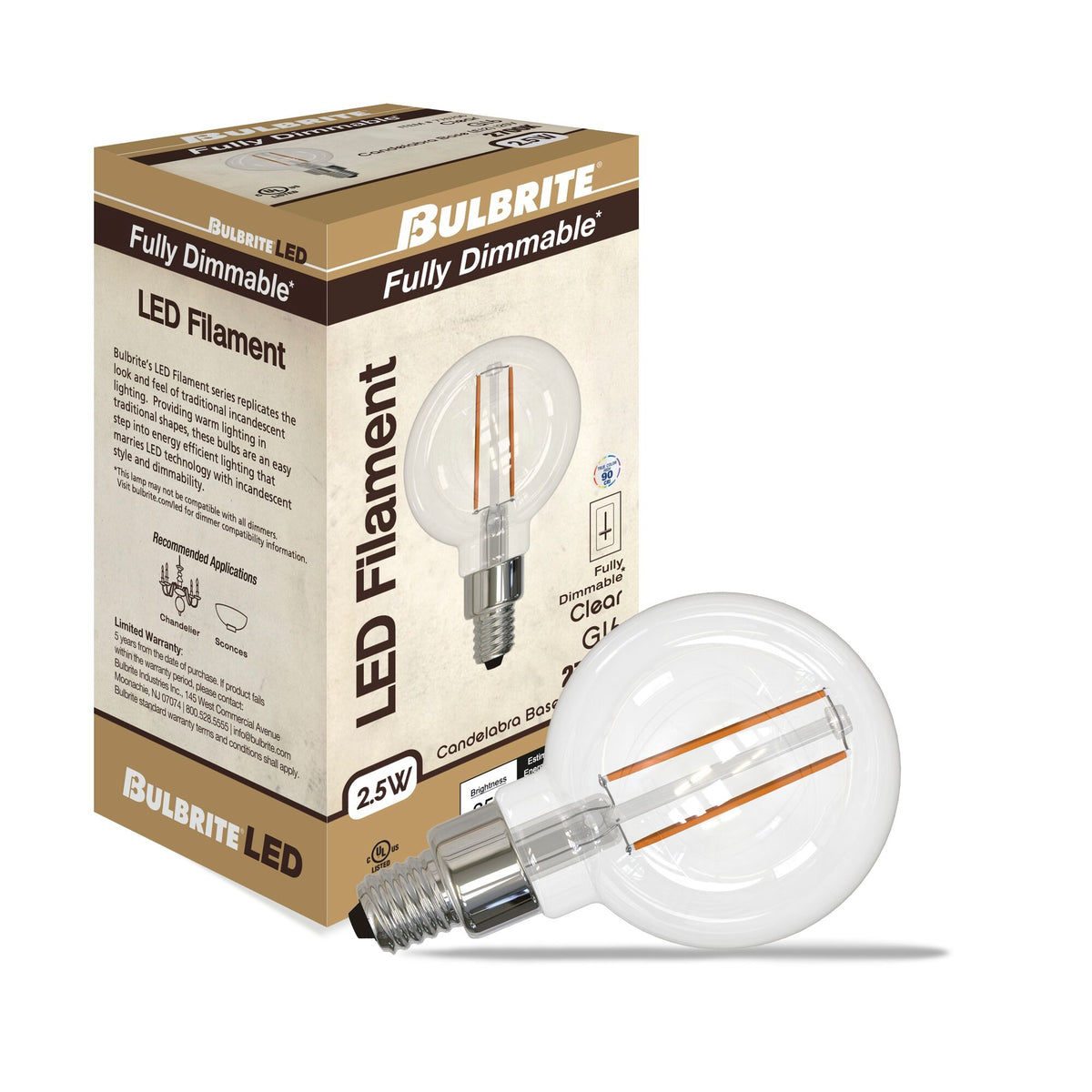 G16 2.5W Dimmable Clear Filament LED Light Bulb with E12 Base, 2700K, 250 Lumens, 4-Pack