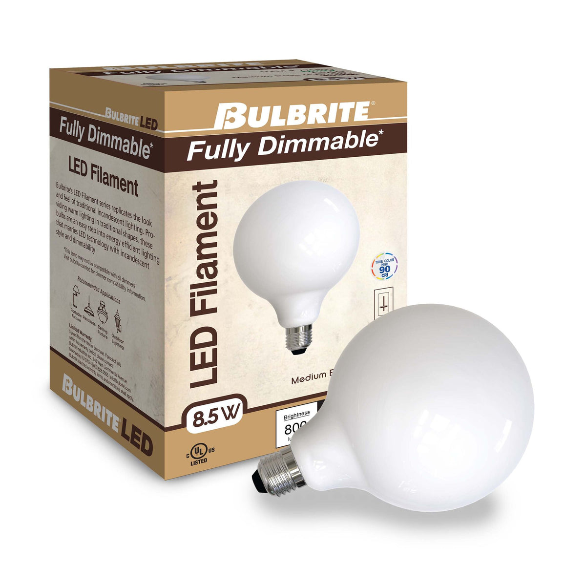 G40 8.5W Dimmable Milky Filament LED Light Bulb with E26 Base, 3000K, 800 Lumens, 2-Pack