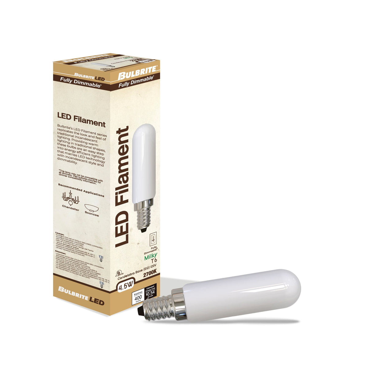 T6 4.5W Dimmable Milky Filament LED Light Bulb with E12 Base, 2700K, 400 Lumens, 4-Pack
