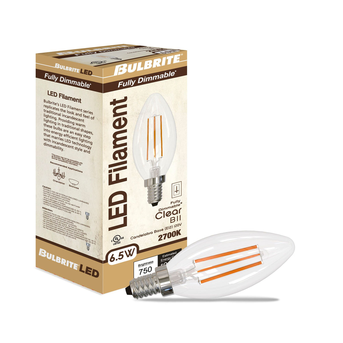 B11 6.5W Dimmable Clear Filament LED Light Bulb with E12 Base, 2700K, 750 Lumens, 4-Pack