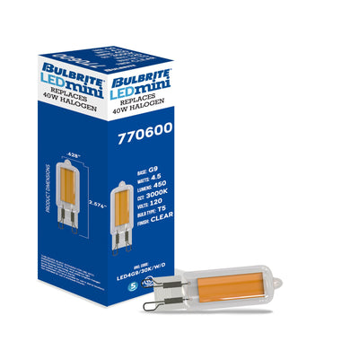 T5 4W Dimmable Clear Filament LED Light Bulb with G9 Base, 3000K, 450 Lumens, 4-Pack
