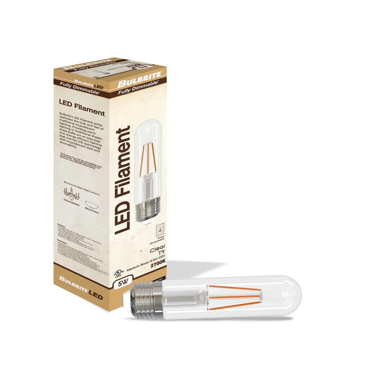 T9 5W Dimmable Clear Filament LED Light Bulb with E26 Base, 2700K, 500 Lumens, 4-Pack