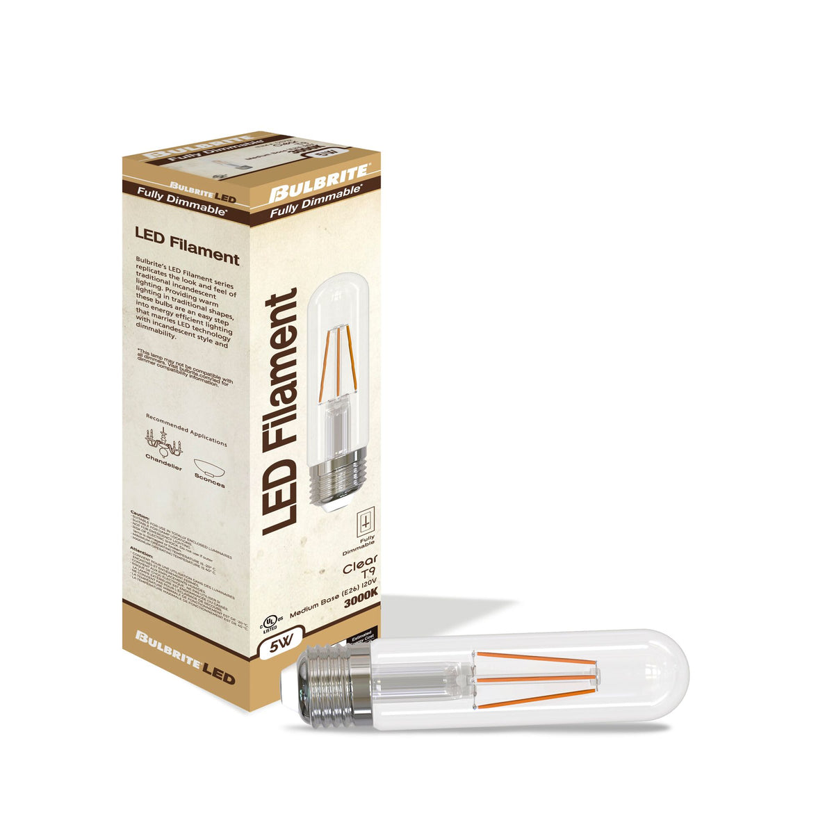 T9 5-inch 5W Dimmable Clear Filament LED Light Bulb with E26 Base, 3000K, 500 Lumens, 4-Pack
