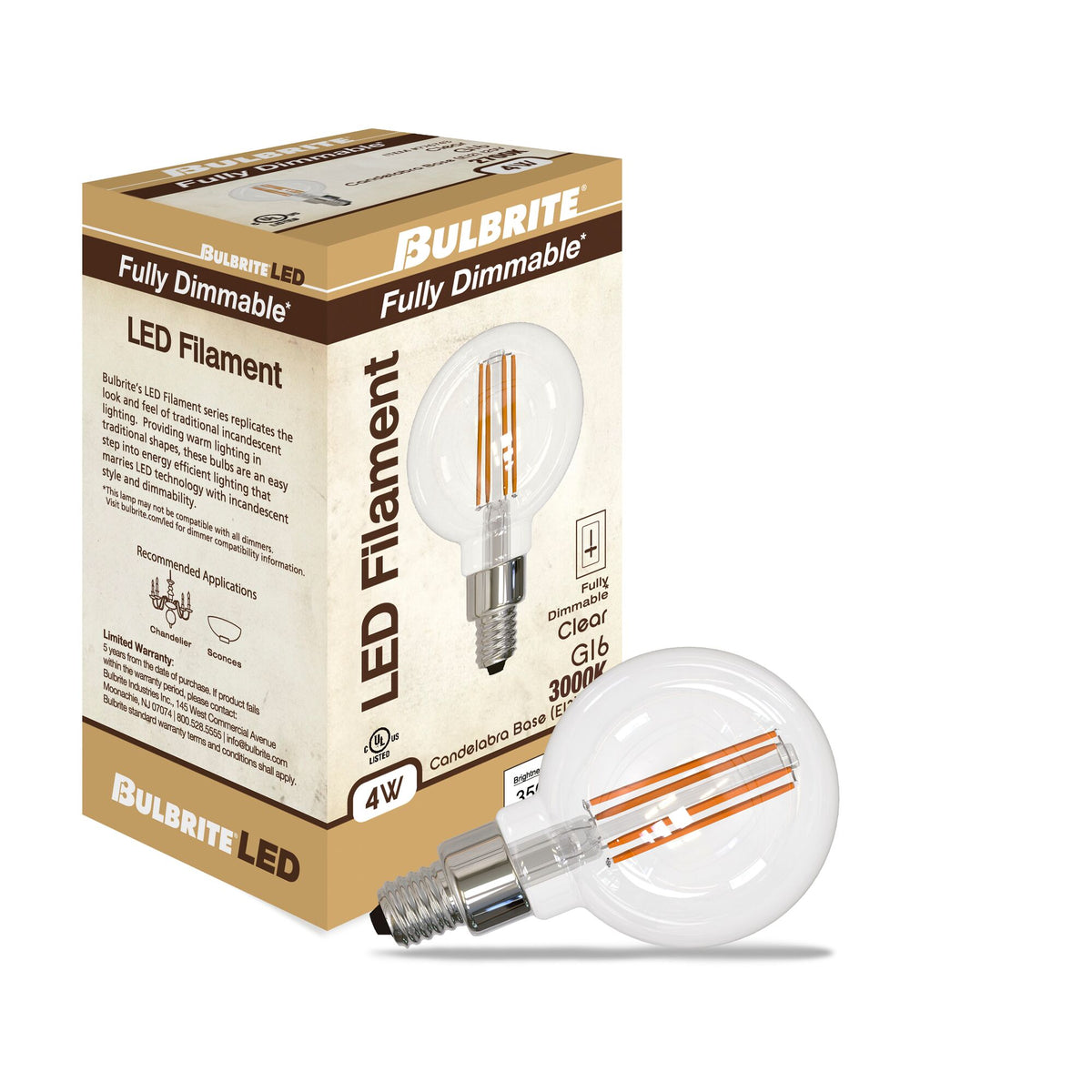 G16 4W Dimmable Clear Filament LED Light Bulb with E12 Base, 3000K, 350 Lumens, 4-Pack