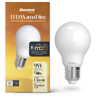 Warm Dims A19 9W Dimmable Milky Filament LED Light Bulb with E26 Base, 3000K-1800K, 800 Lumens, 2-Pack