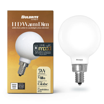 Warm Dims G16 5W Dimmable Milky Filament LED Light Bulb with E12 Base, 3000K-1800K, 500 Lumens, 4-Pack