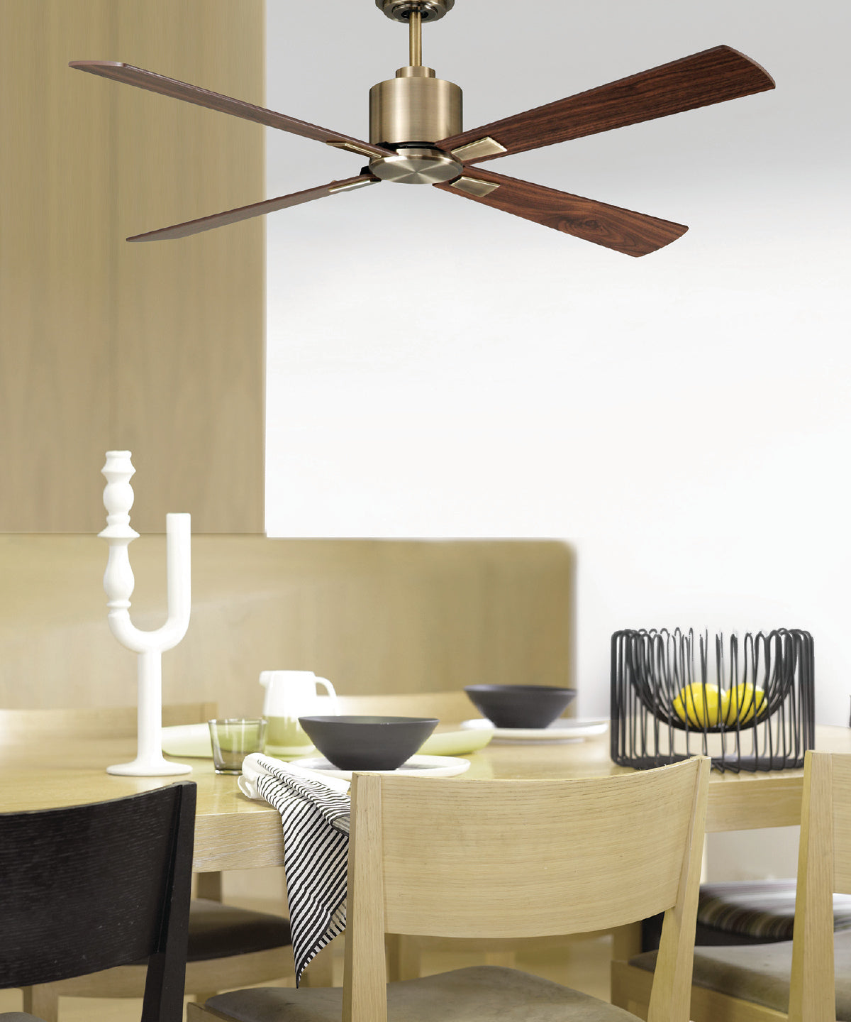 52 Inch DC Brass Fan in Antique Brass with Walnut Blades