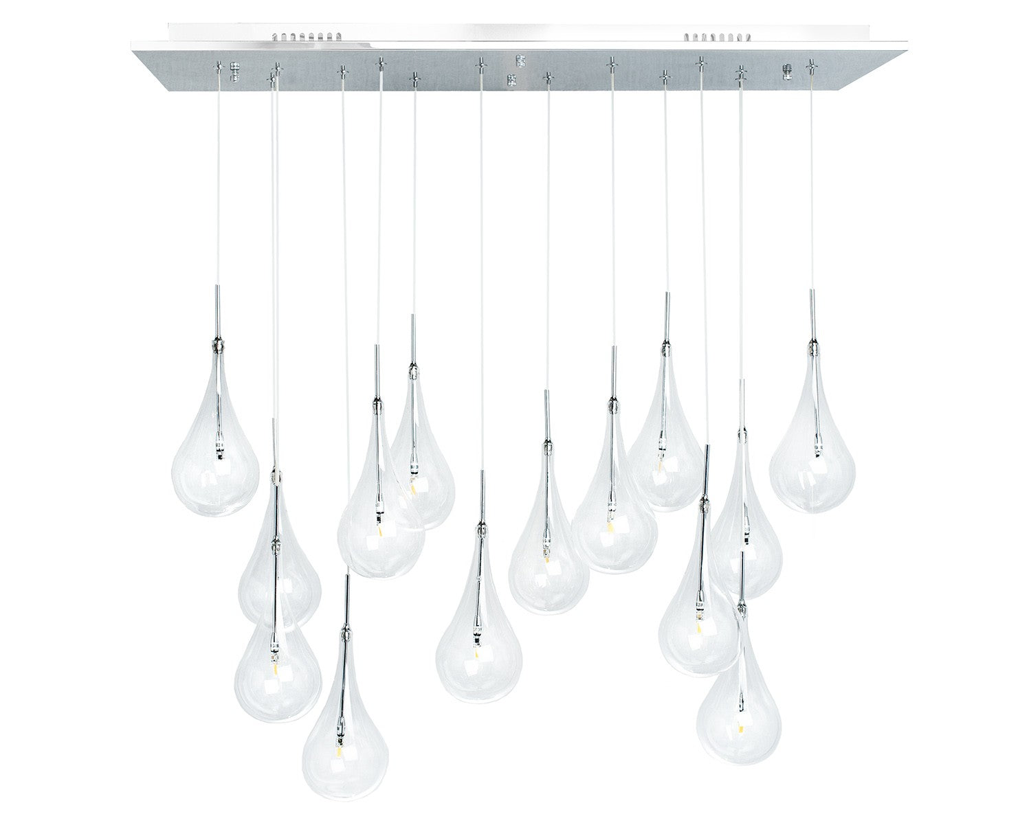 Modern Glass Drops Chandelier | 14 Lights | Rectangular Chrome Canopy