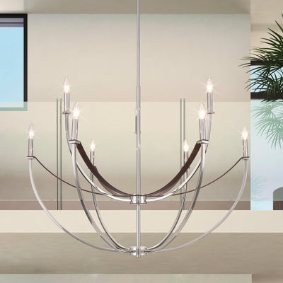 Sussex 40-inch 9-light Polished Nickel and Dark Brown Faux Leather Chandelier