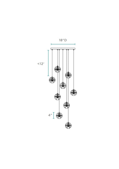 9 light Crystal Spheres Chandelier | Round Chrome Canopy