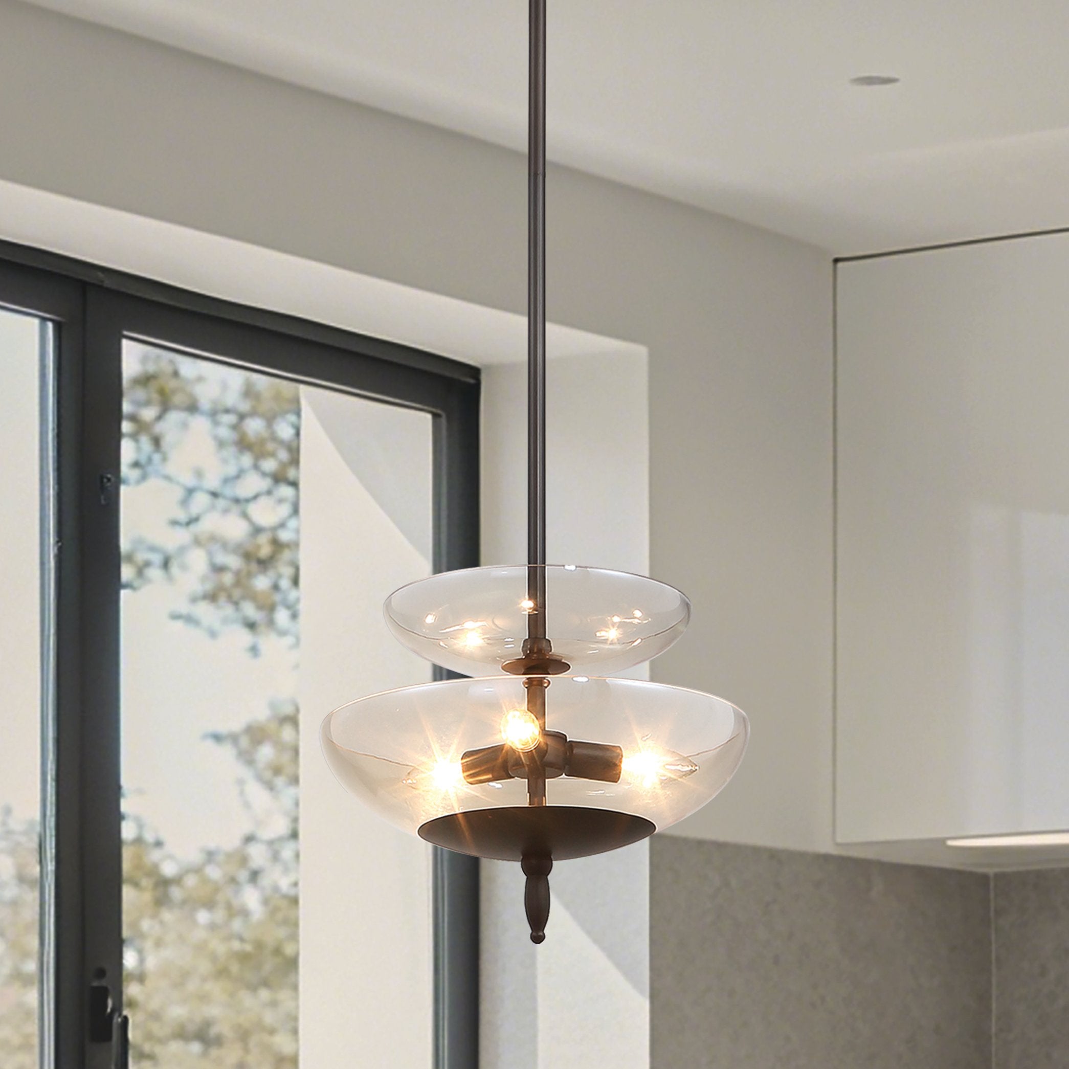 Fiorello 14-inch 3-light Forged Bronze Convertible Pendant with Smoked Amber Glass Shades