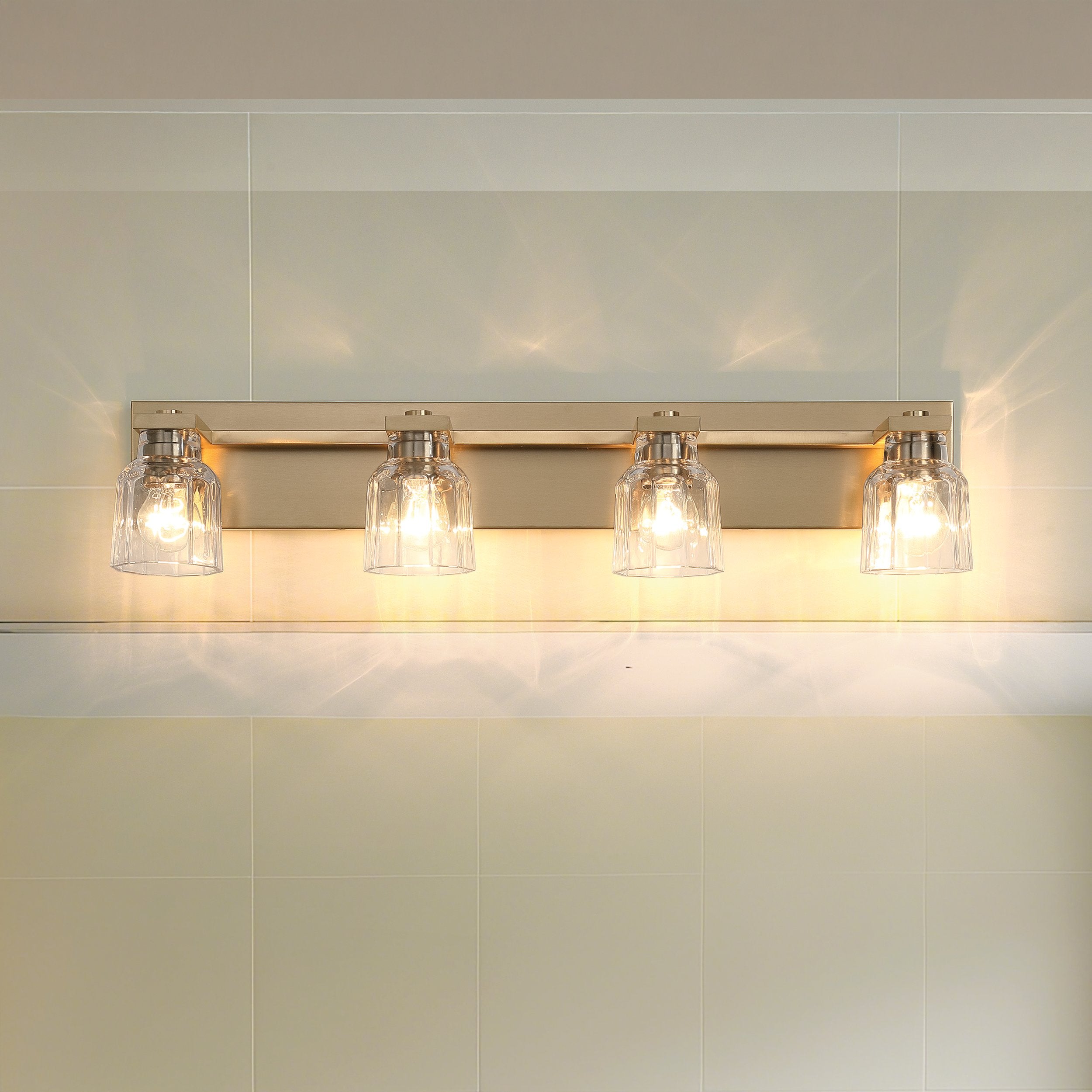 Dryden 32-inch 4-light Champagne Gold Vanity Light with Clear Ribbed Glass Shades