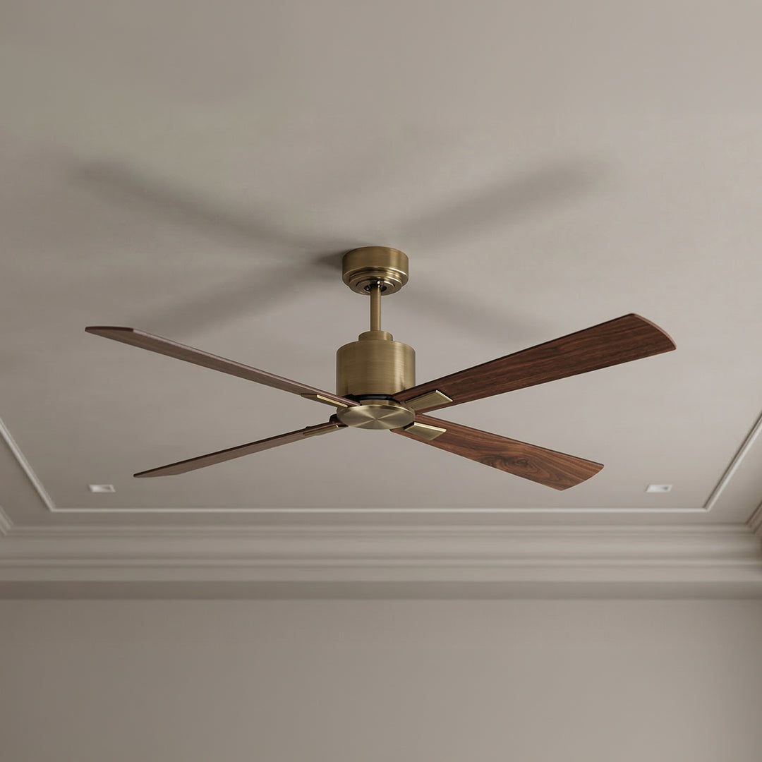 52 Inch DC Brass Fan in Antique Brass with Walnut Blades