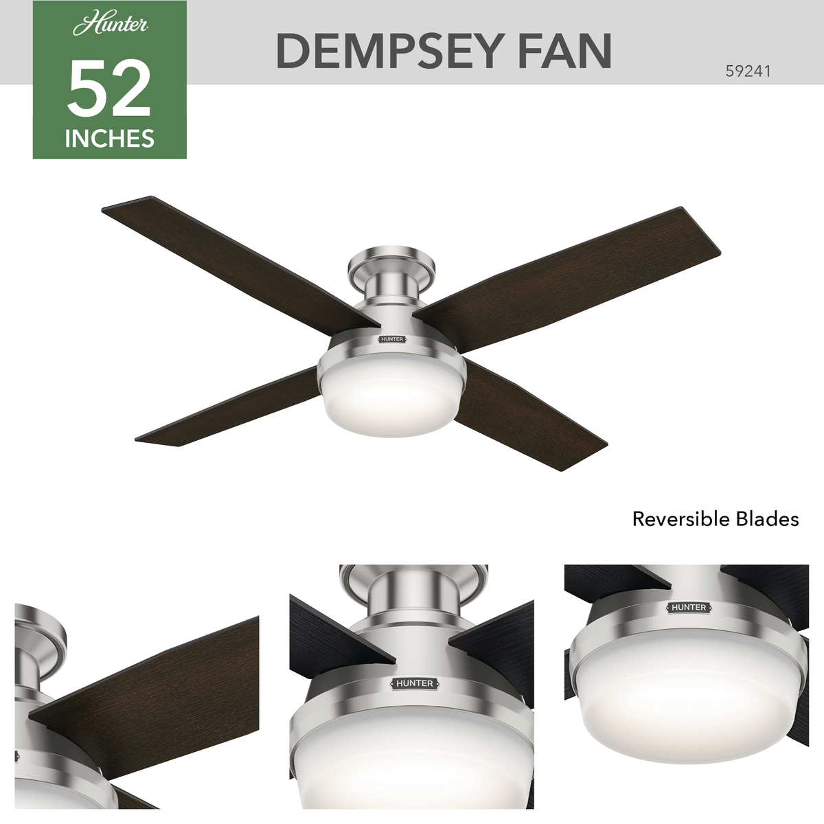 52 inch Dempsey Brushed Nickel Low Profile Ceiling Fan with LED Light Kit and Handheld Remote