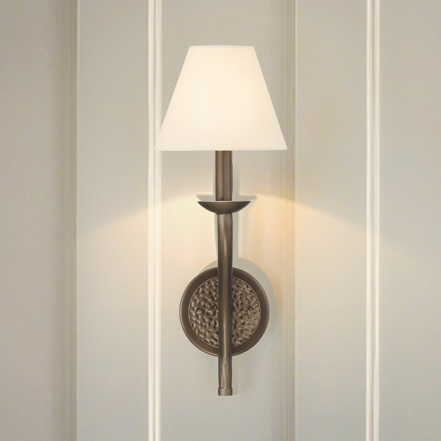 Bethany 19-inch 1-light Forged Bronze Wall Sconce with Natural Linen Shade