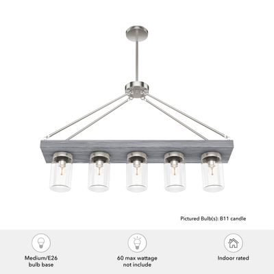 Devon Park 38-inch 5-light Brushed Nickel and Grey Wood Linear Chandelier with Clear Glass