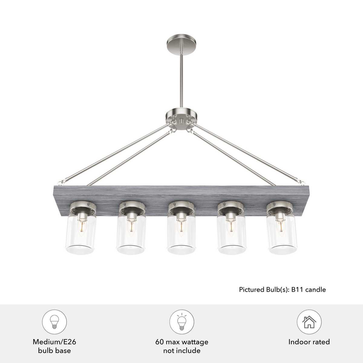 Devon Park 38-inch 5-light Brushed Nickel and Grey Wood Linear Chandelier with Clear Glass