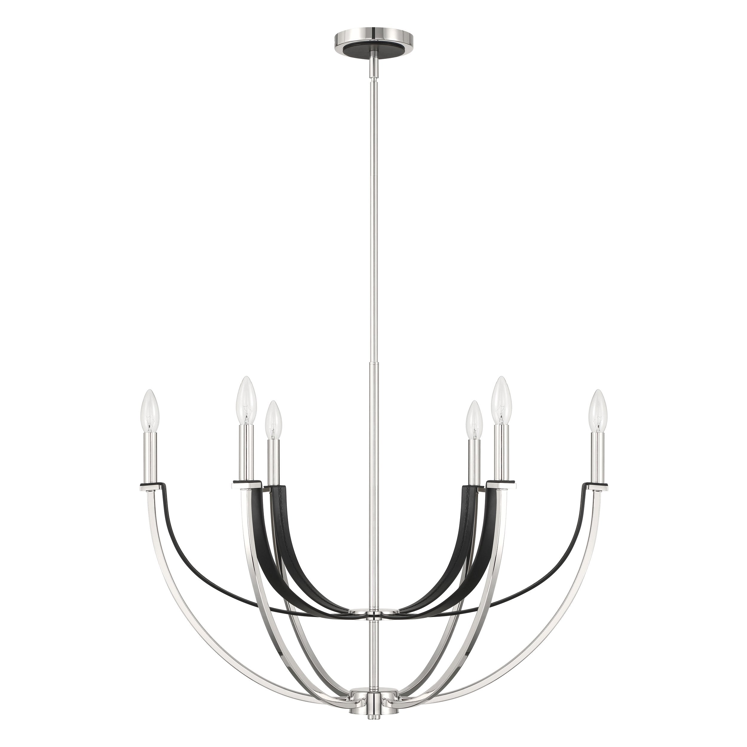 Sussex 29-inch 6-light Polished Nickel and Black Faux Leather Chandelier