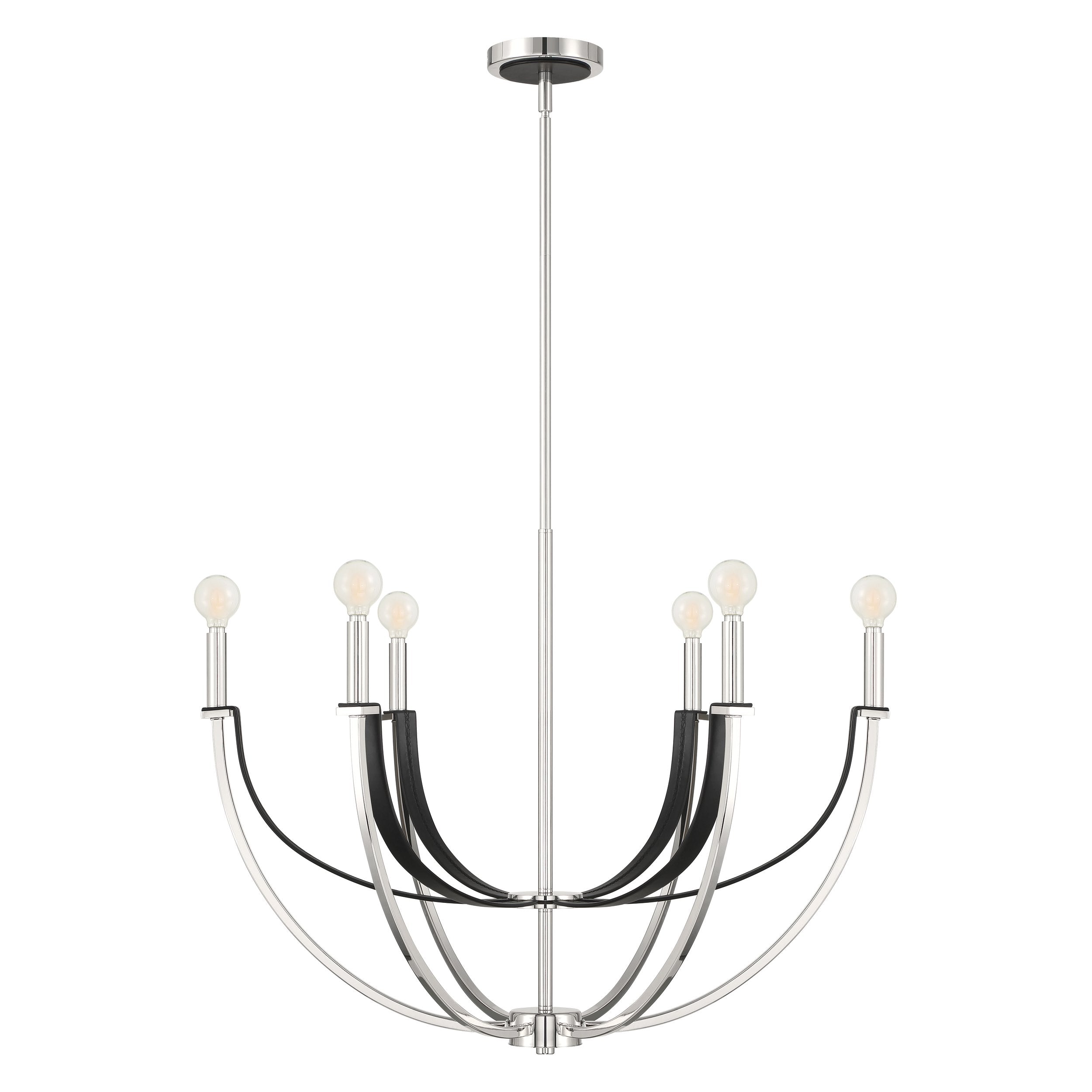 Sussex 29-inch 6-light Polished Nickel and Black Faux Leather Chandelier