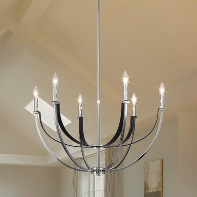Sussex 29-inch 6-light Polished Nickel and Black Faux Leather Chandelier