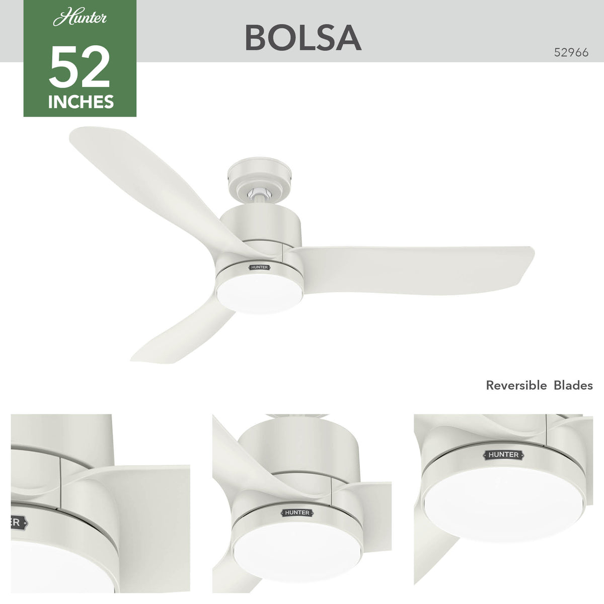 52 inch Bolsa Fresh White Ceiling Fan with LED Light Kit and Handheld Remote