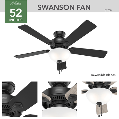52 inch Swanson Matte Black Ceiling Fan with LED Light Kit and Pull Chain