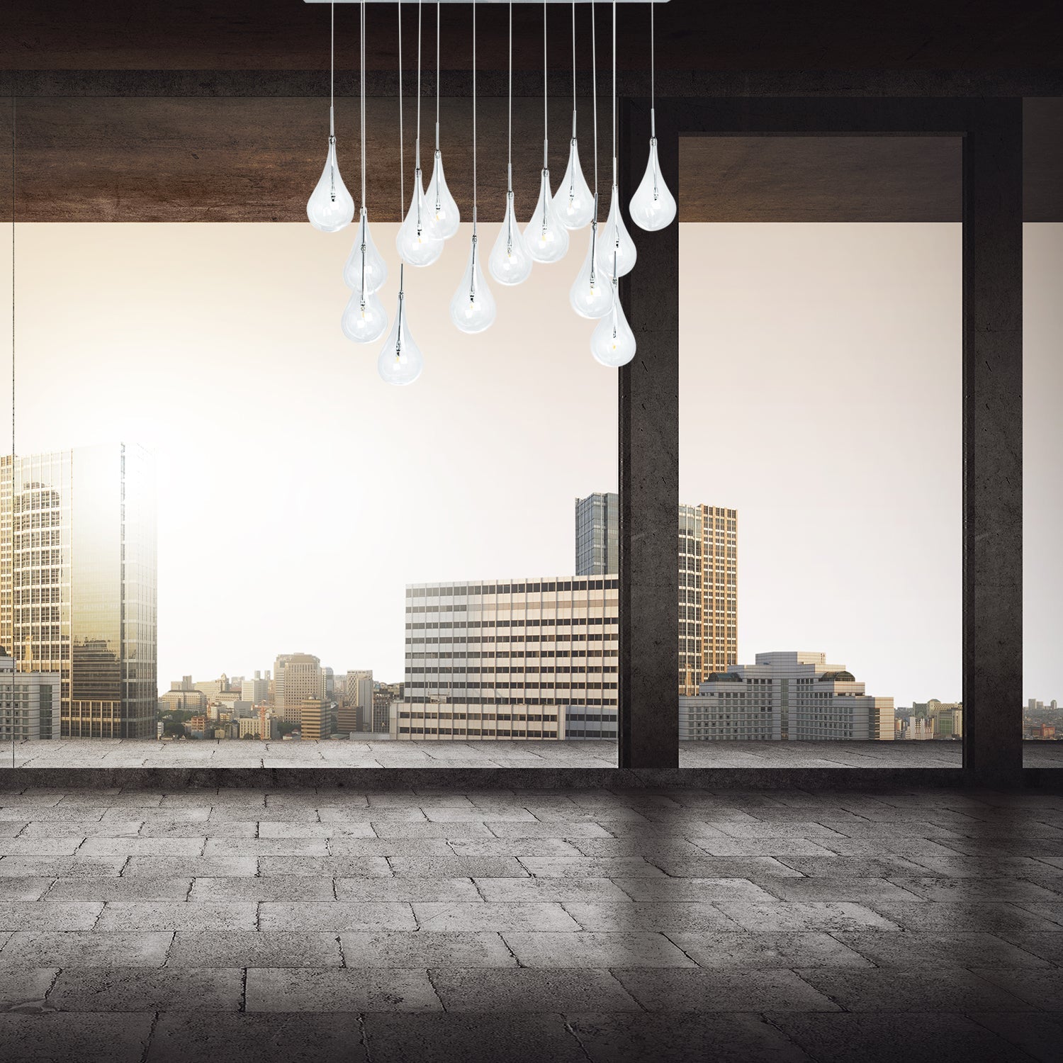 Modern Glass Drops Chandelier | 14 Lights | Rectangular Chrome Canopy