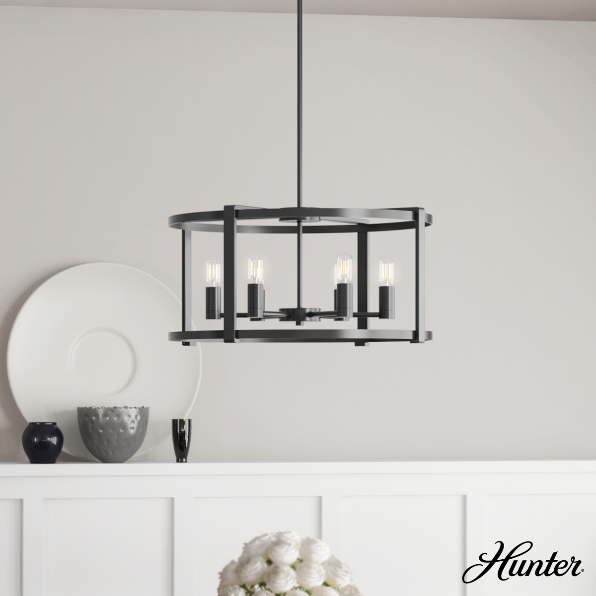 Astwood 26-inch 6-light Matte Black Drum Chandelier with Clear Glass