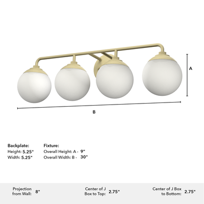 Hepburn 30-inch 4-light Modern Brass Vanity Light with Cased White Glass