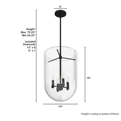 Sacha 14-inch 4-light Natural Black Iron Lantern Pendant with Clear Glass