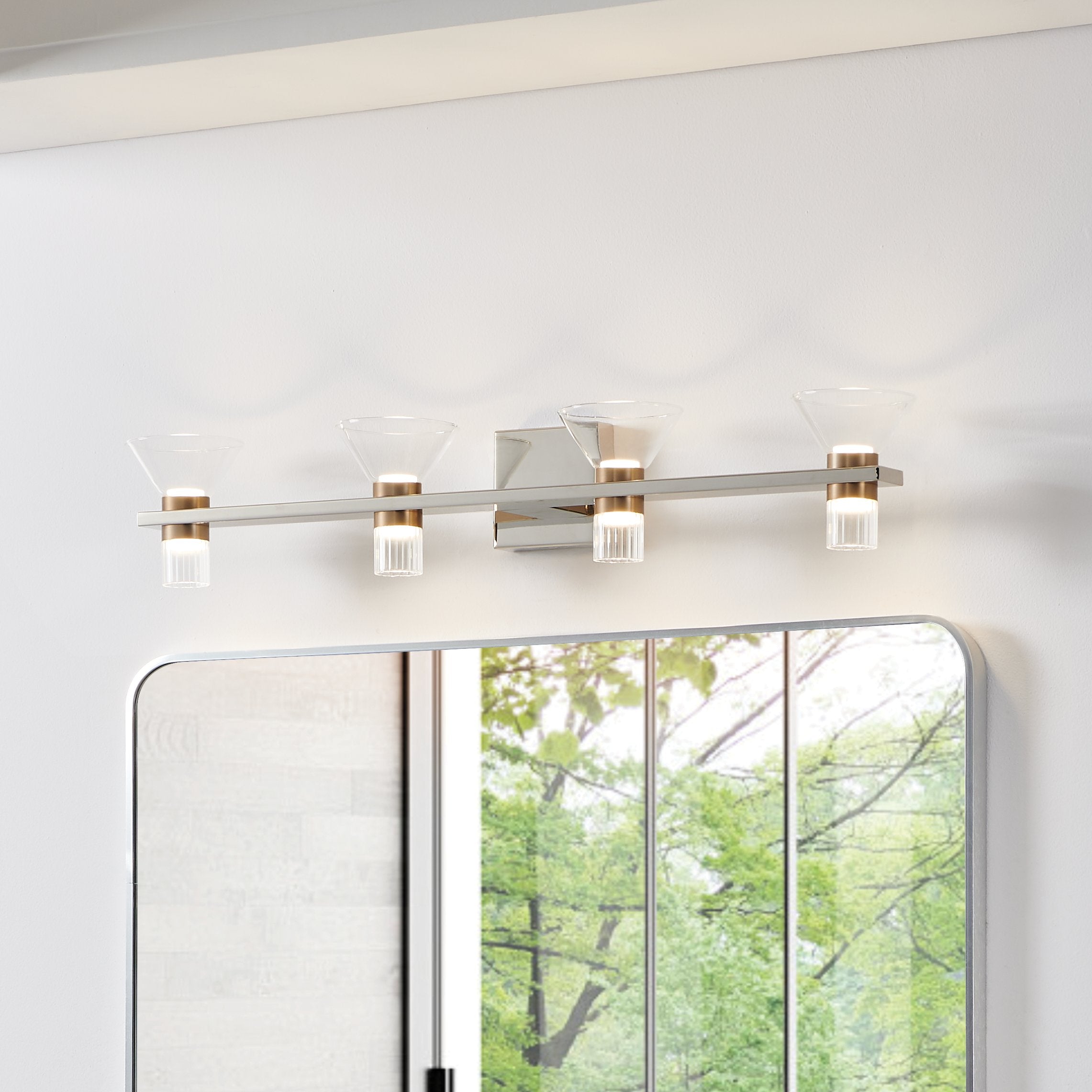 Blake 35-inch 8-light Polished Nickel and Champagne Gold 5CCT LED Vanity Light with Clear and Clear Ribbed Glass
