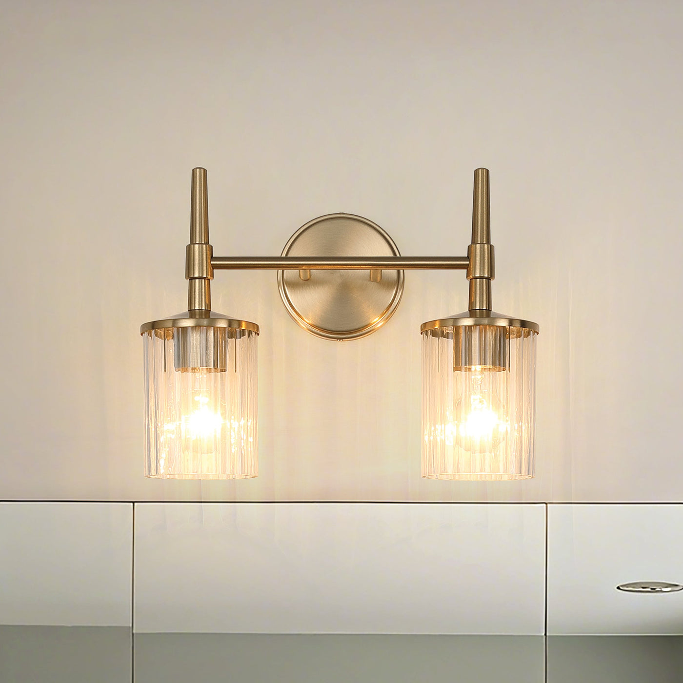 Andrea 15-inch 2-light Champagne Gold Vanity Light with Clear Ribbed Glass Shades