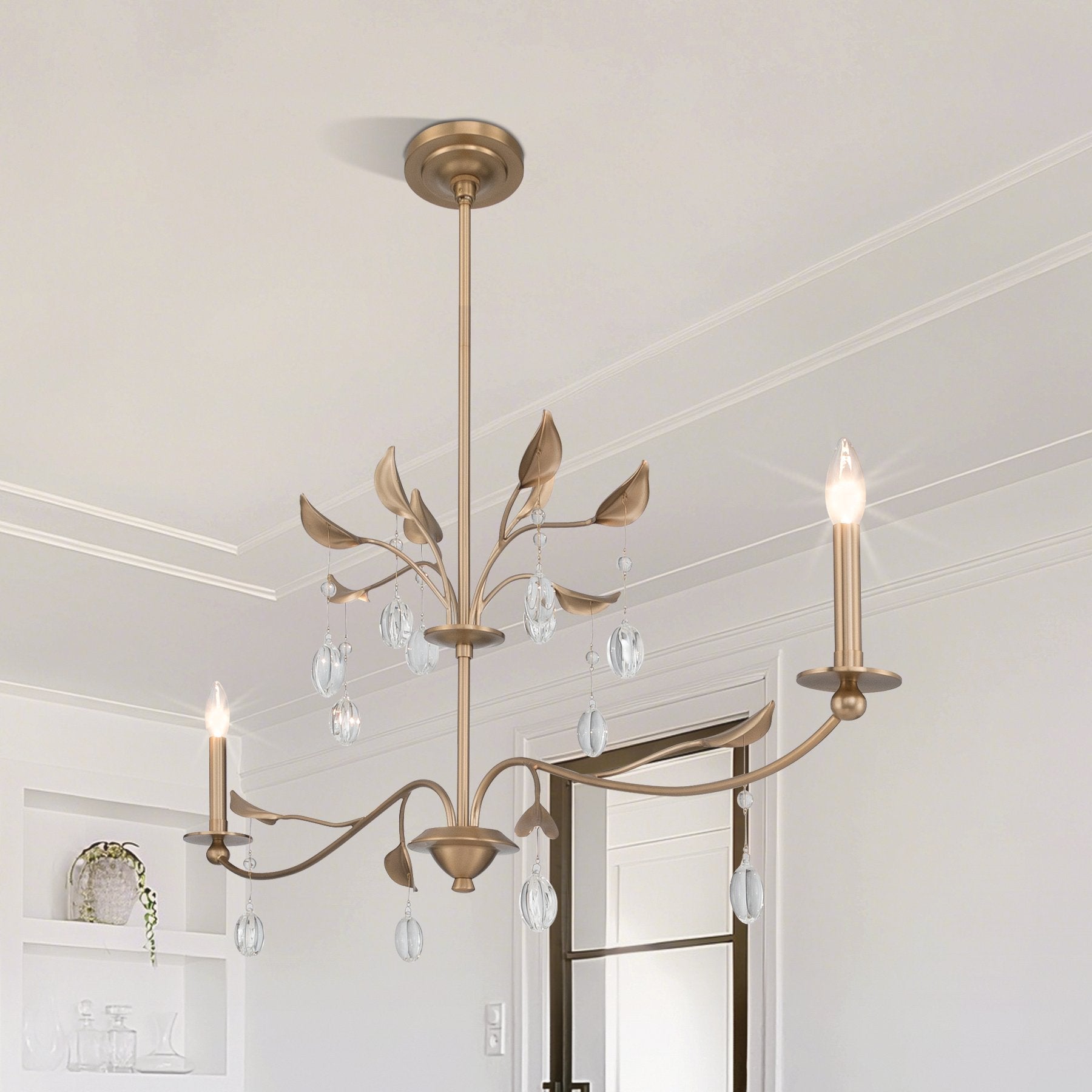 Presley 56-inch 2-light Champagne Gold Linear Chandelier with Clear Glass Drops and White Linen Shades