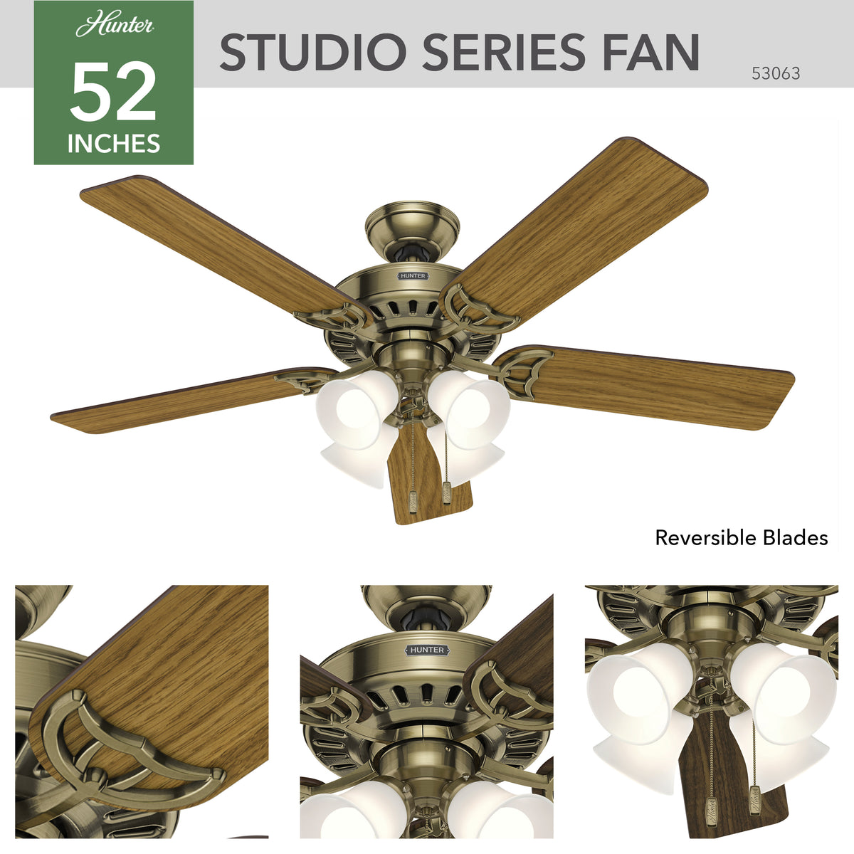 52 inch Studio Series Antique Brass Ceiling Fan with LED Light Kit and Pull Chain