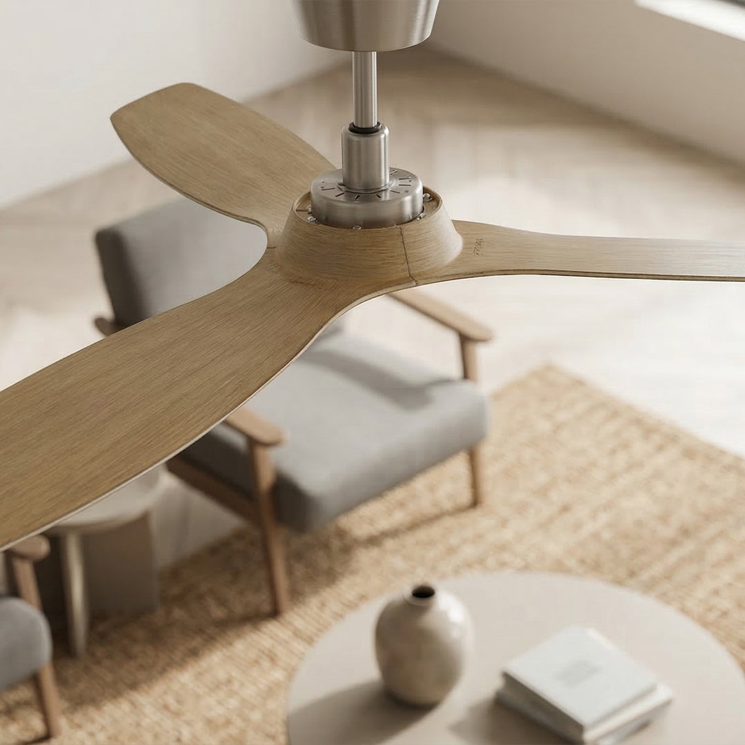 52 Inch Indoor Outdoor DC Brushed Nickel Fan with Teak Blades