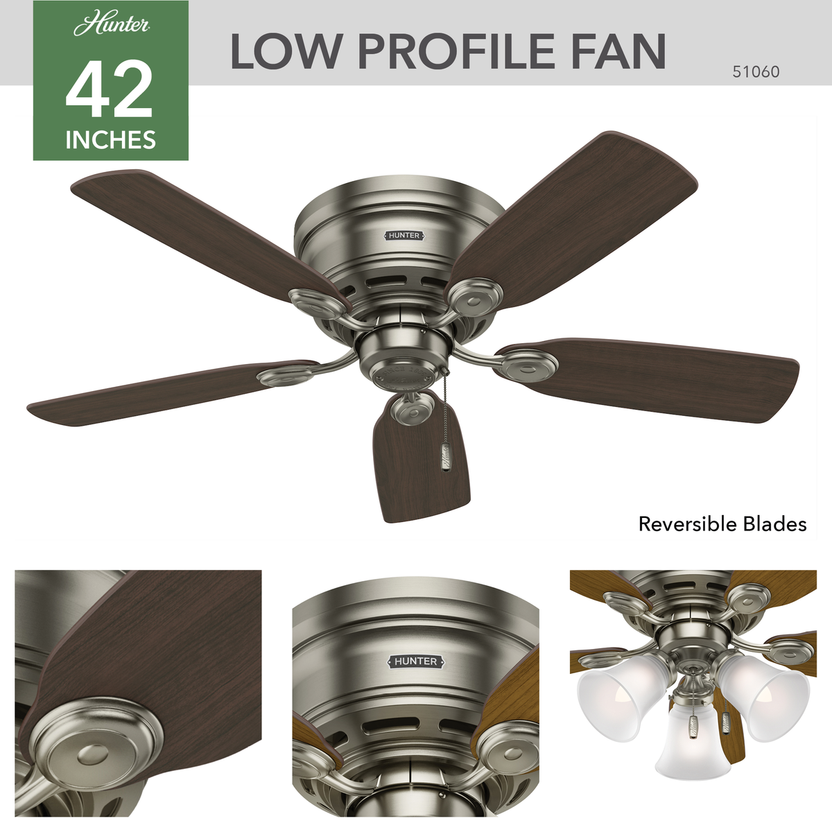 42 inch Low Profile Antique Pewter Low Profile Ceiling Fan and Pull Chain