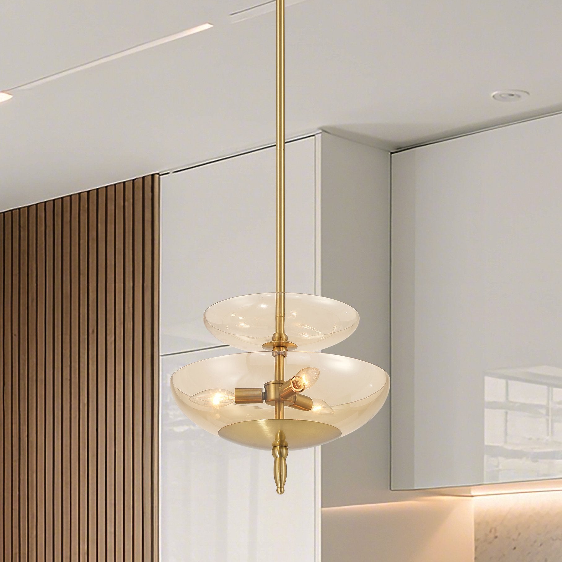 Fiorello 14-inch 3-light Brushed Gold Convertible Pendant with Smoked Amber Glass Shades