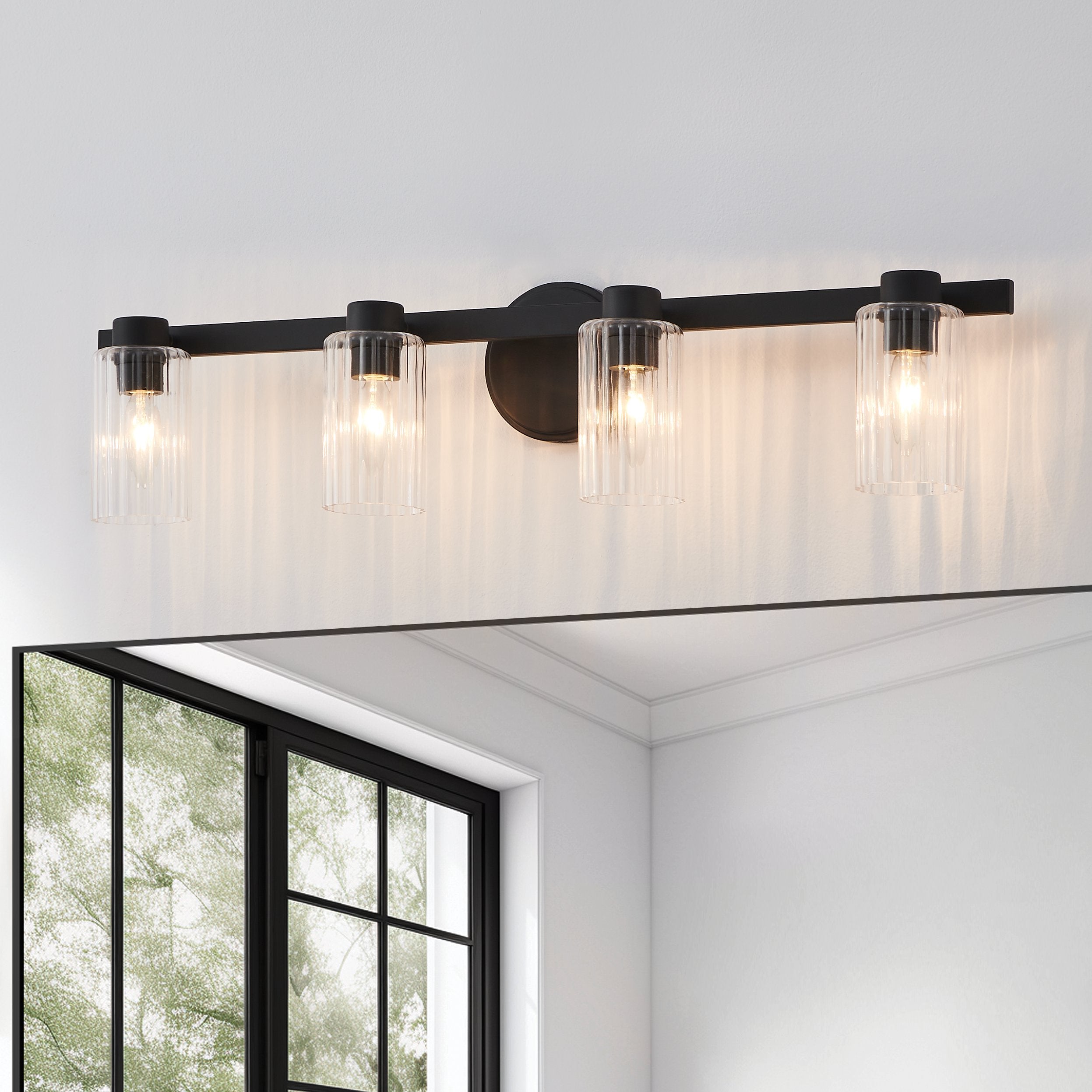 Bedminster 30-inch 4-light Matte Black Vanity Light with Clear Ribbed Glass Shades