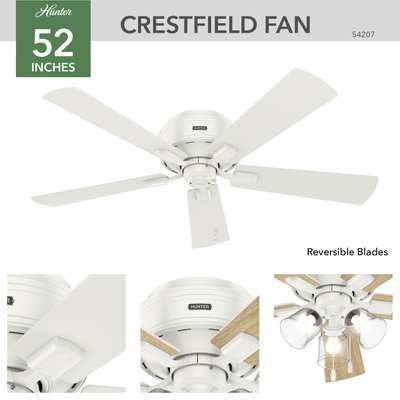 52 inch Crestfield Fresh White Low Profile Ceiling Fan with LED Light Kit and Pull Chain