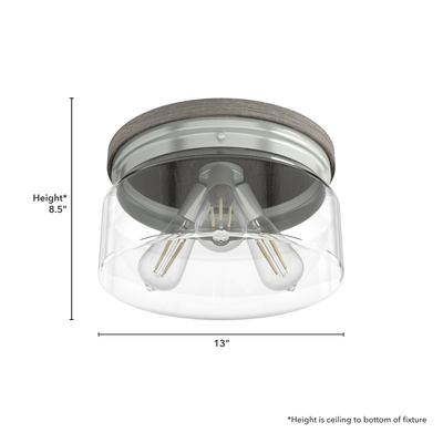 Devon Park 13-inch 3-light Brushed Nickel and Grey Wood Flush Mount Ceiling Light with Clear Glass