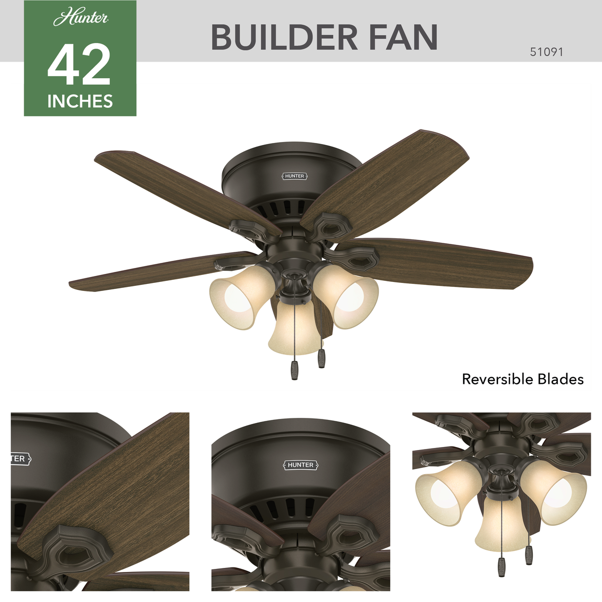42 inch Builder New Bronze Low Profile Ceiling Fan with LED Light Kit and Pull Chain