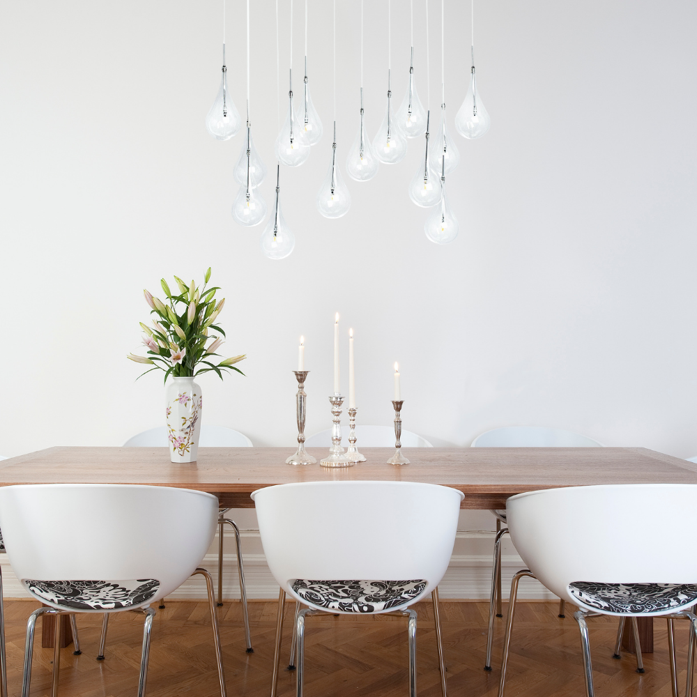 Modern Glass Drops Chandelier | 14 Lights | Rectangular Chrome Canopy