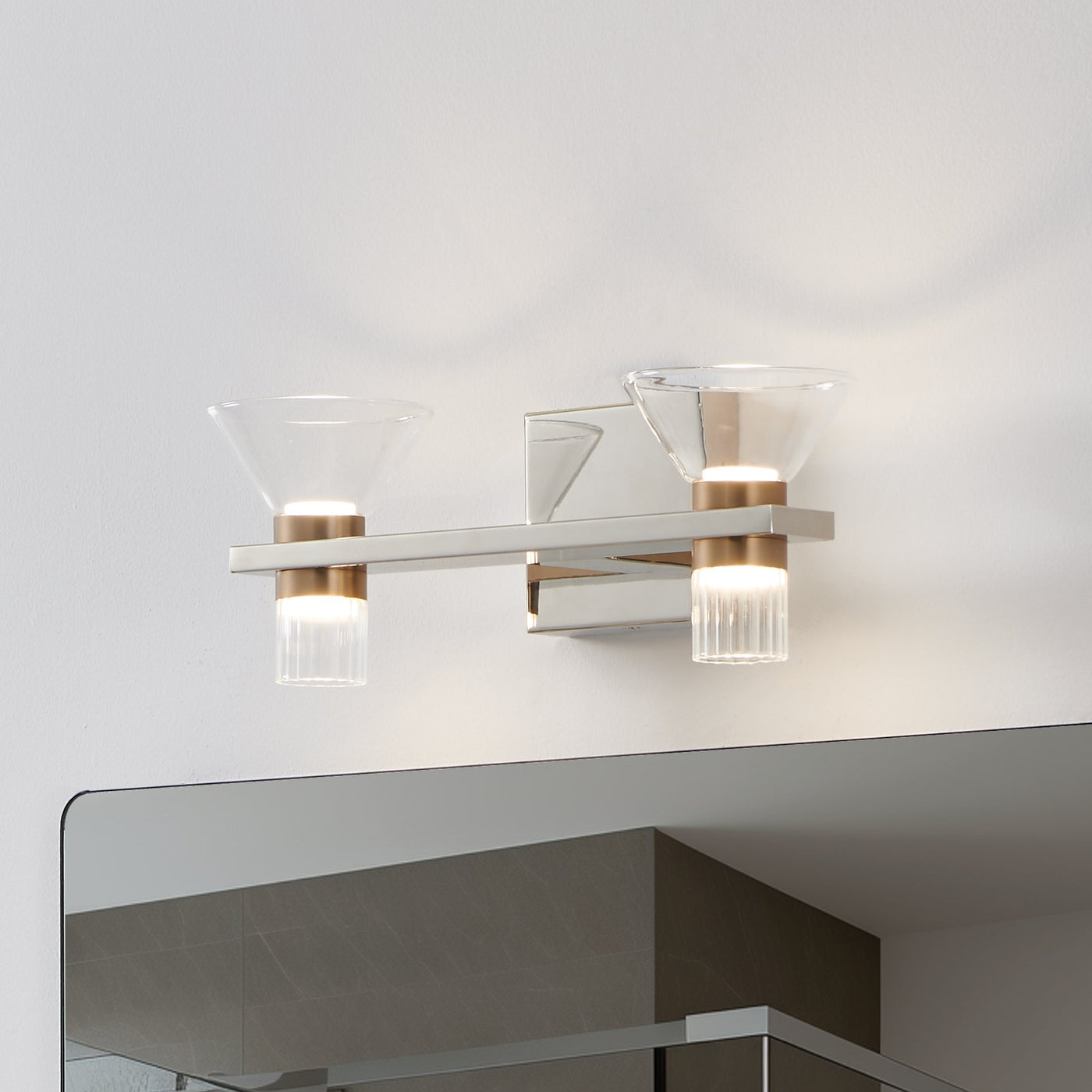 Blake 16-inch 4-light Polished Nickel and Champagne Gold 5CCT LED Vanity Light with Clear and Clear Ribbed Glass