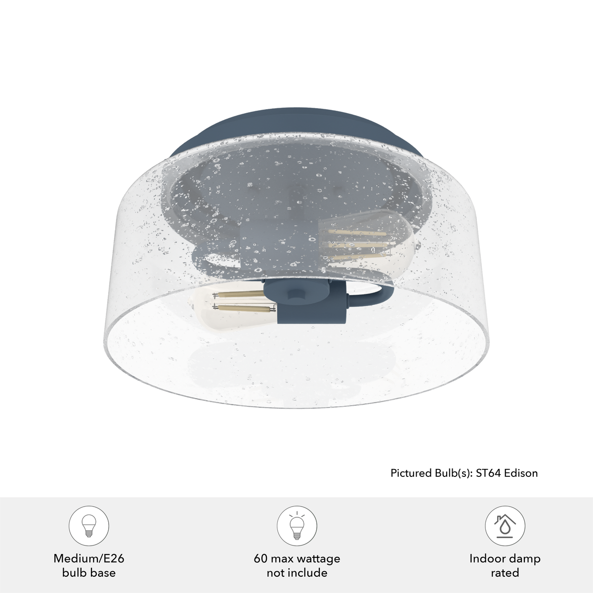 Hartland 11.5-inch 2-light Indigo Blue Flush Mount Ceiling Light with Seeded Glass